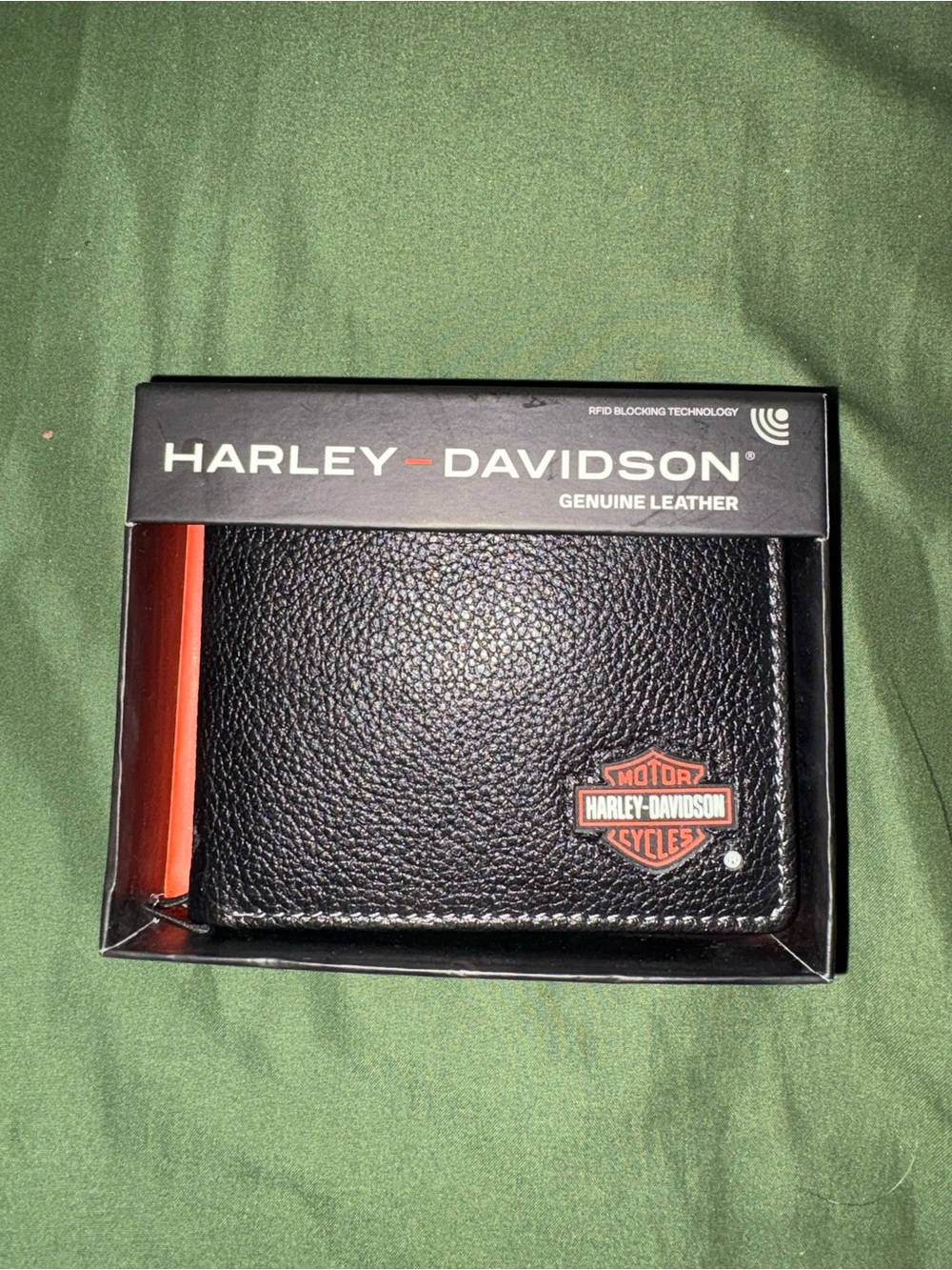 Harley-Davidson Black Leather Bifold Wallet with Orange Logo Accent